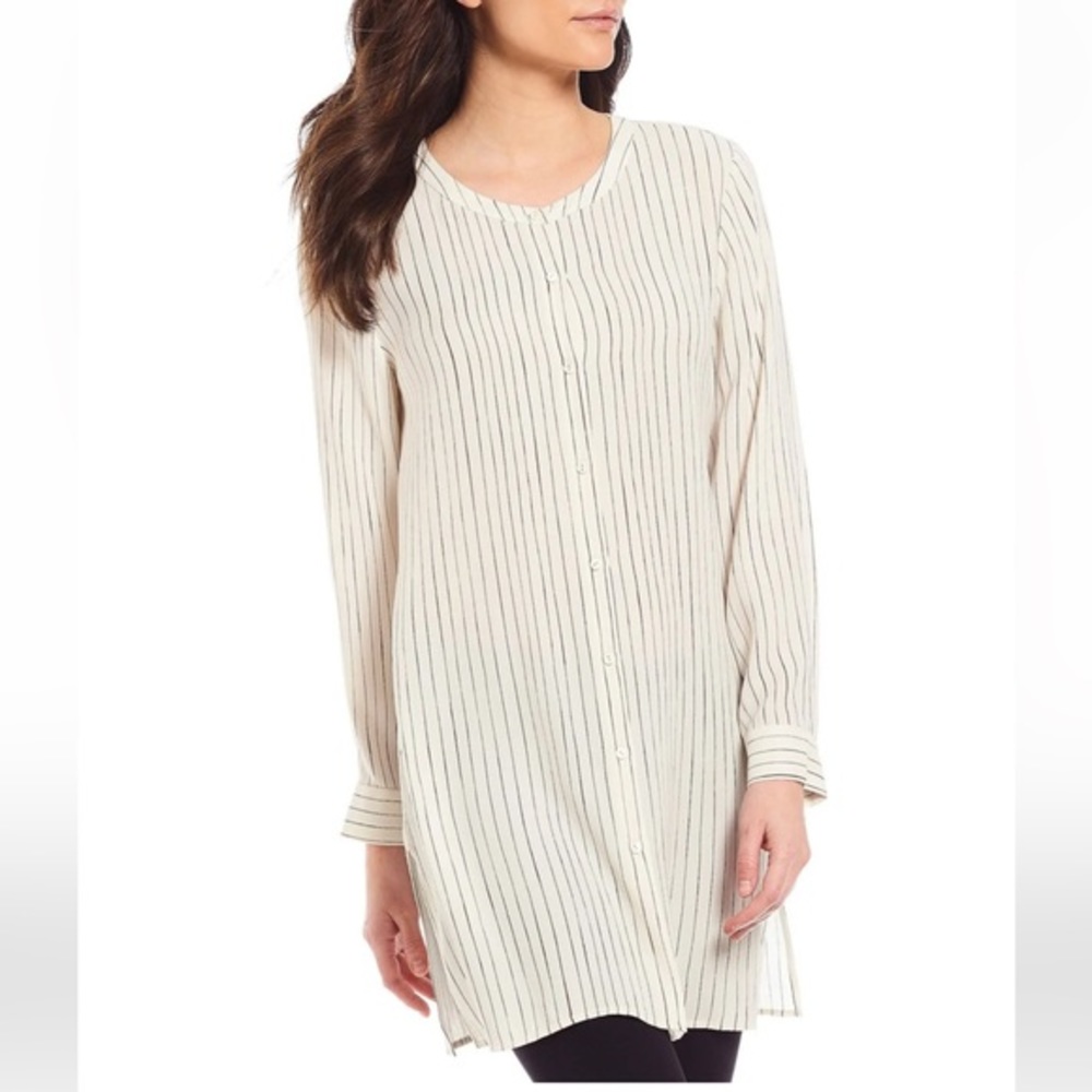 Eileen Fisher Stripe Silk Round Neck Long Shirt WM's Small